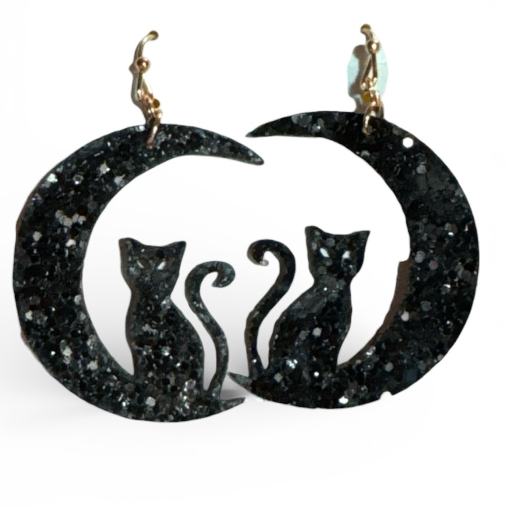 Periwinkle by Barlow Black Cat Glitter Moon  Earrings, NWT